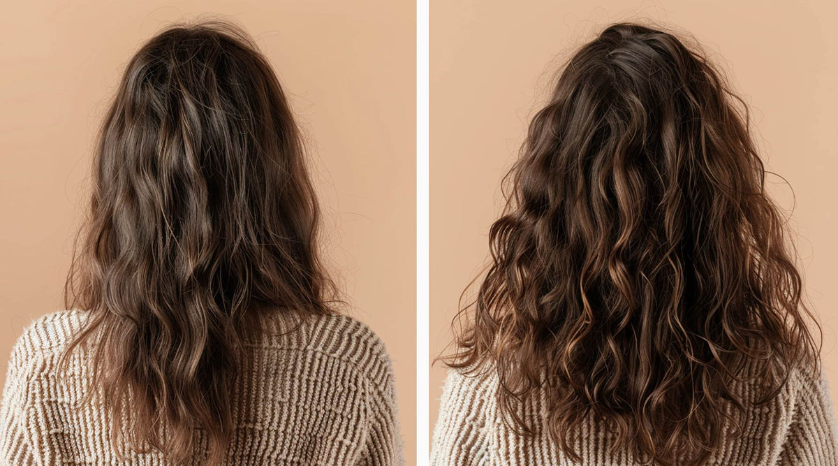 Before and after back view of wavy brown hair, from frizzy to defined waves