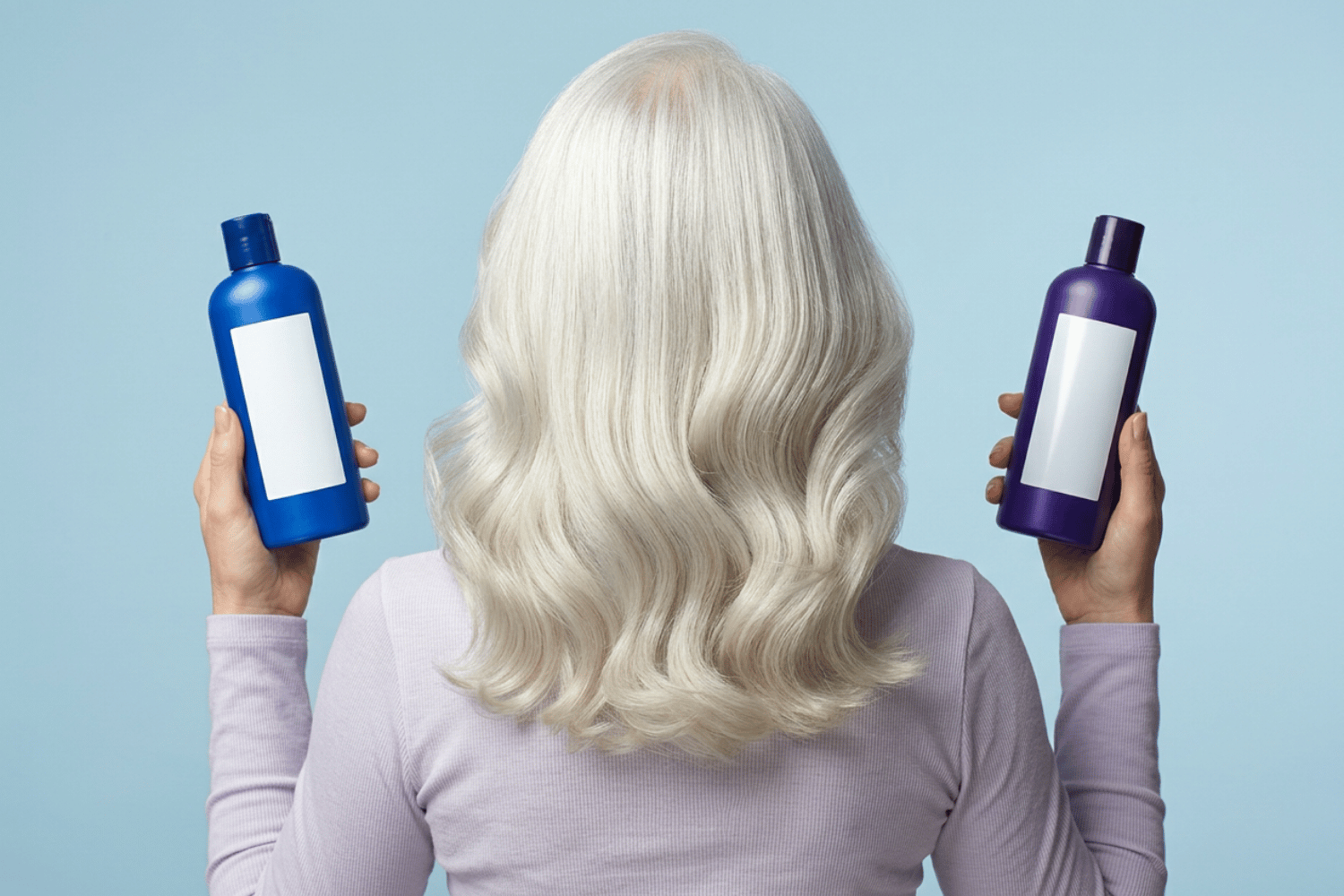 a woman with silver hair, holding s purple and a blue shampoo bottle