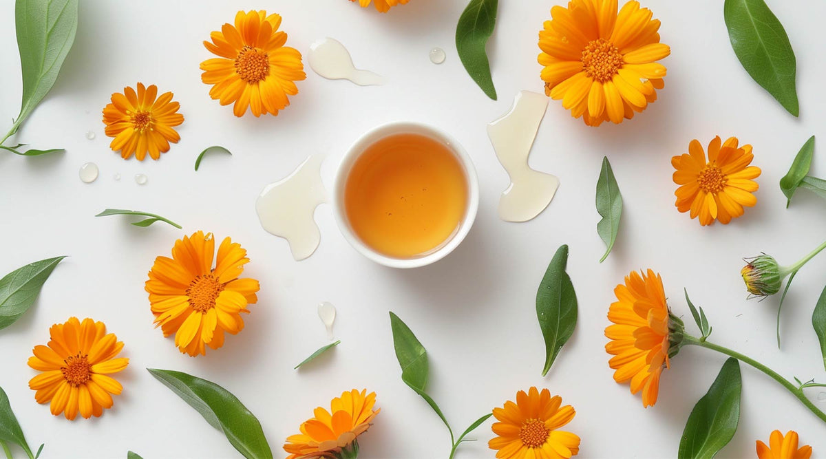 Calendula flowers and a small bowl of apple cider vinegar on a white background