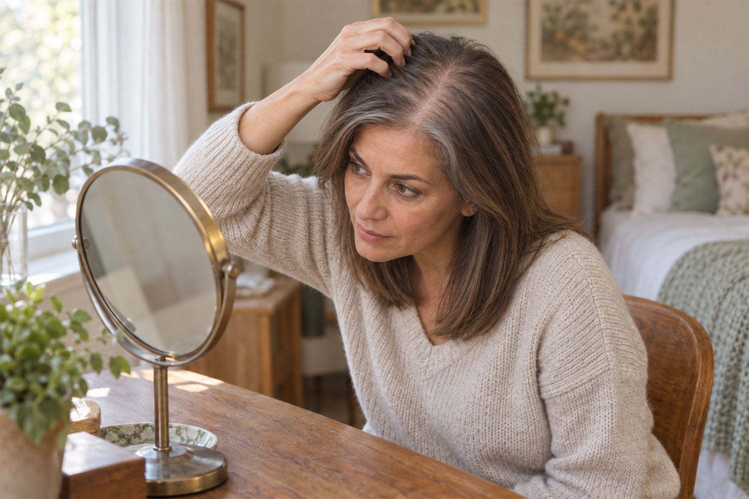 Woman checking the part in her hair at a mirror, wondering if a growth shampoo will help