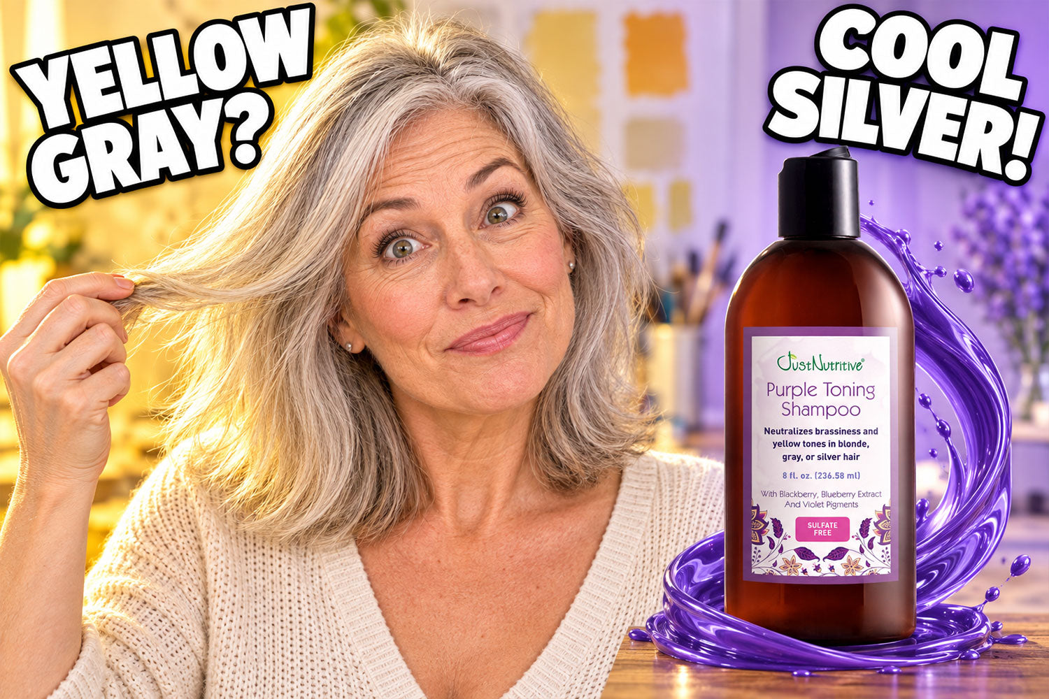Woman puzzled by yellow in her gray hair, next to Just Nutritive Purple Toning Shampoo