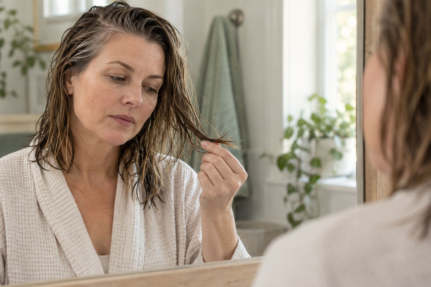 woman examining her hair before a protein treatment