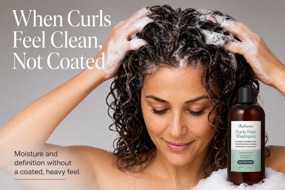 When curls feel clean, not coated: woman lathering curly hair, with Just Nutritive Curly Hair Shampoo