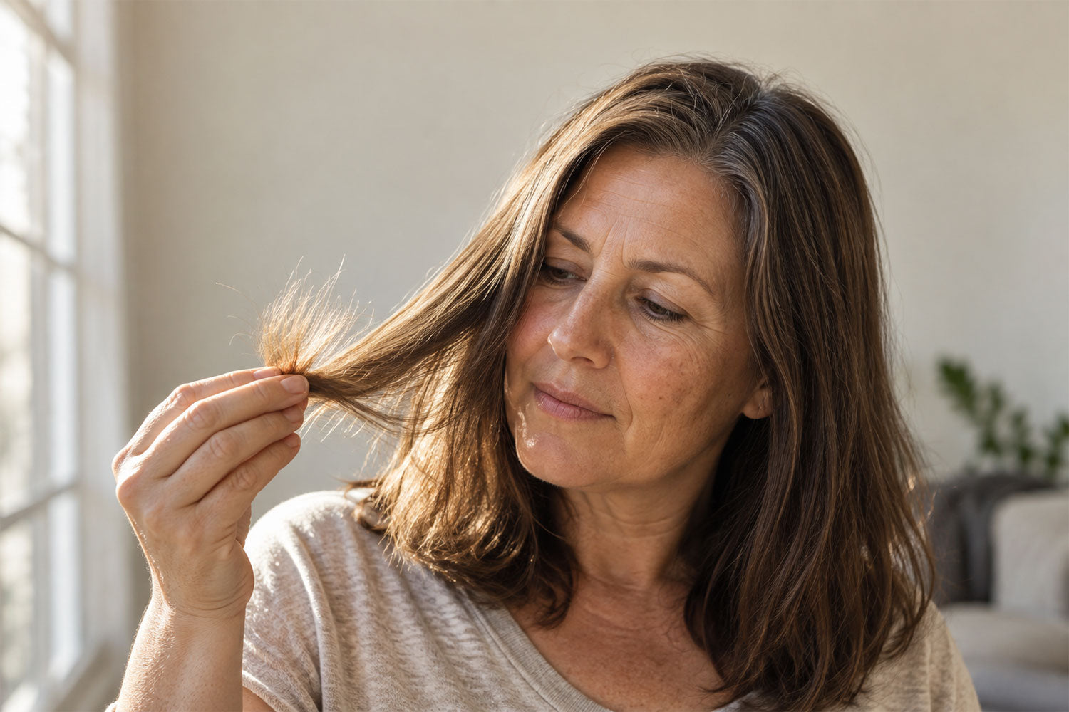 Woman examining the ends of her hair by a window, checking for hair breakage