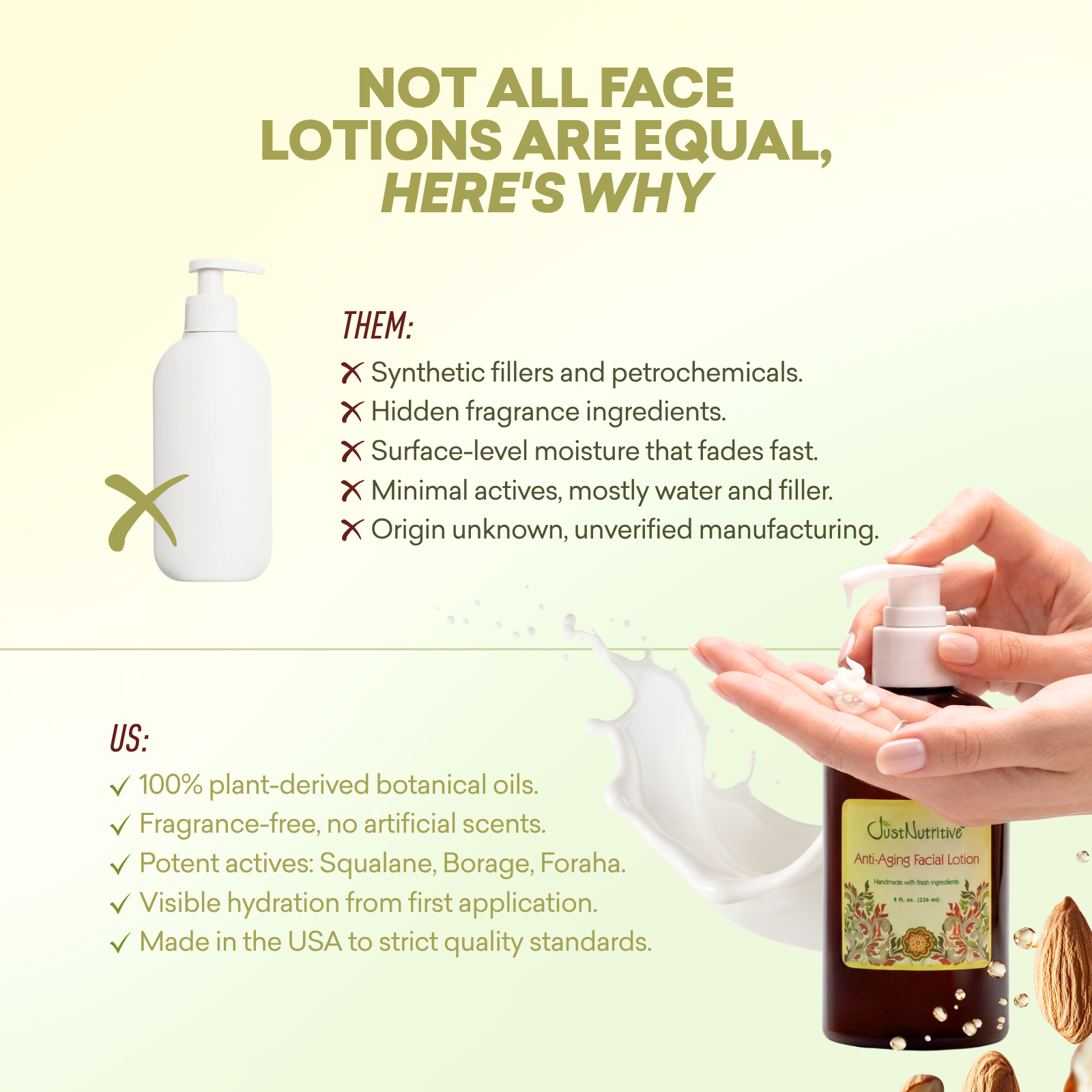 Cosmetic product with text highlighting benefits of plant-derived botanical oils.