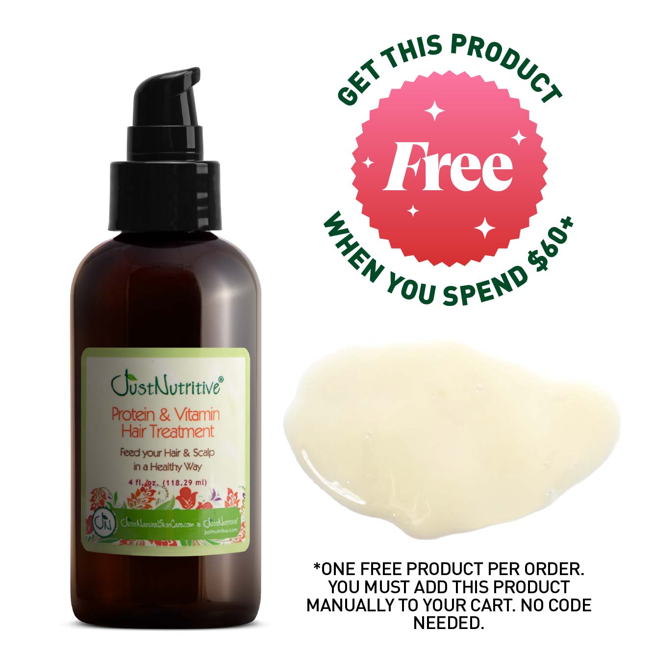 Bottle of protein and vitamin hair treatment with a free product offer on a white background