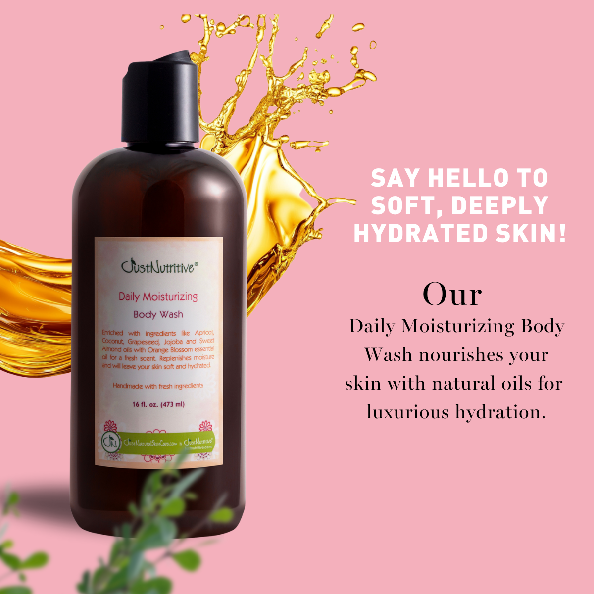 Brown bottle of Daily Moisturizing Body Wash with gold liquid splash on pink background