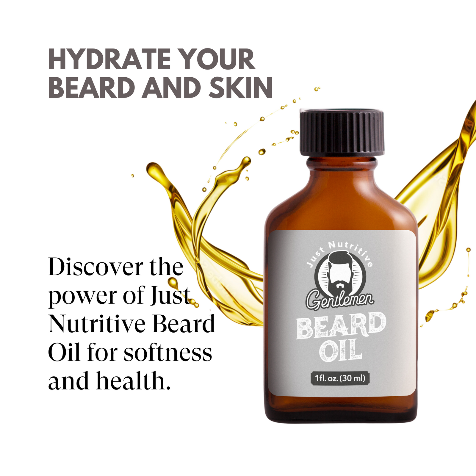 Beard oil bottle with label on a white background, featuring text about hydrating beard and skin.