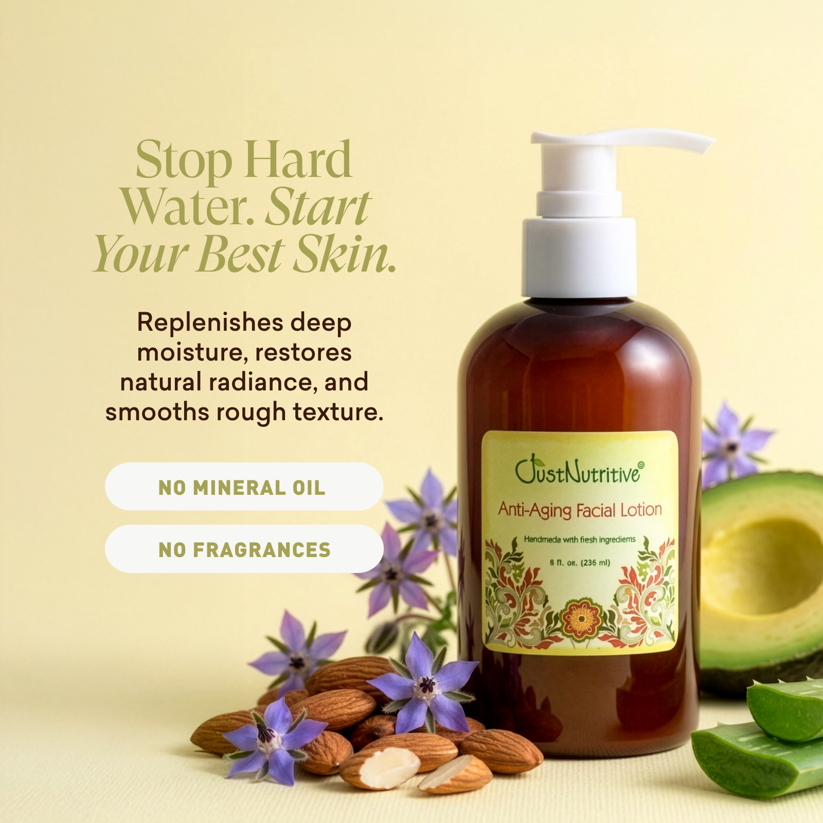 Brown bottle of facial lotion with a label, surrounded by almonds, flowers, and an avocado on a beige background.