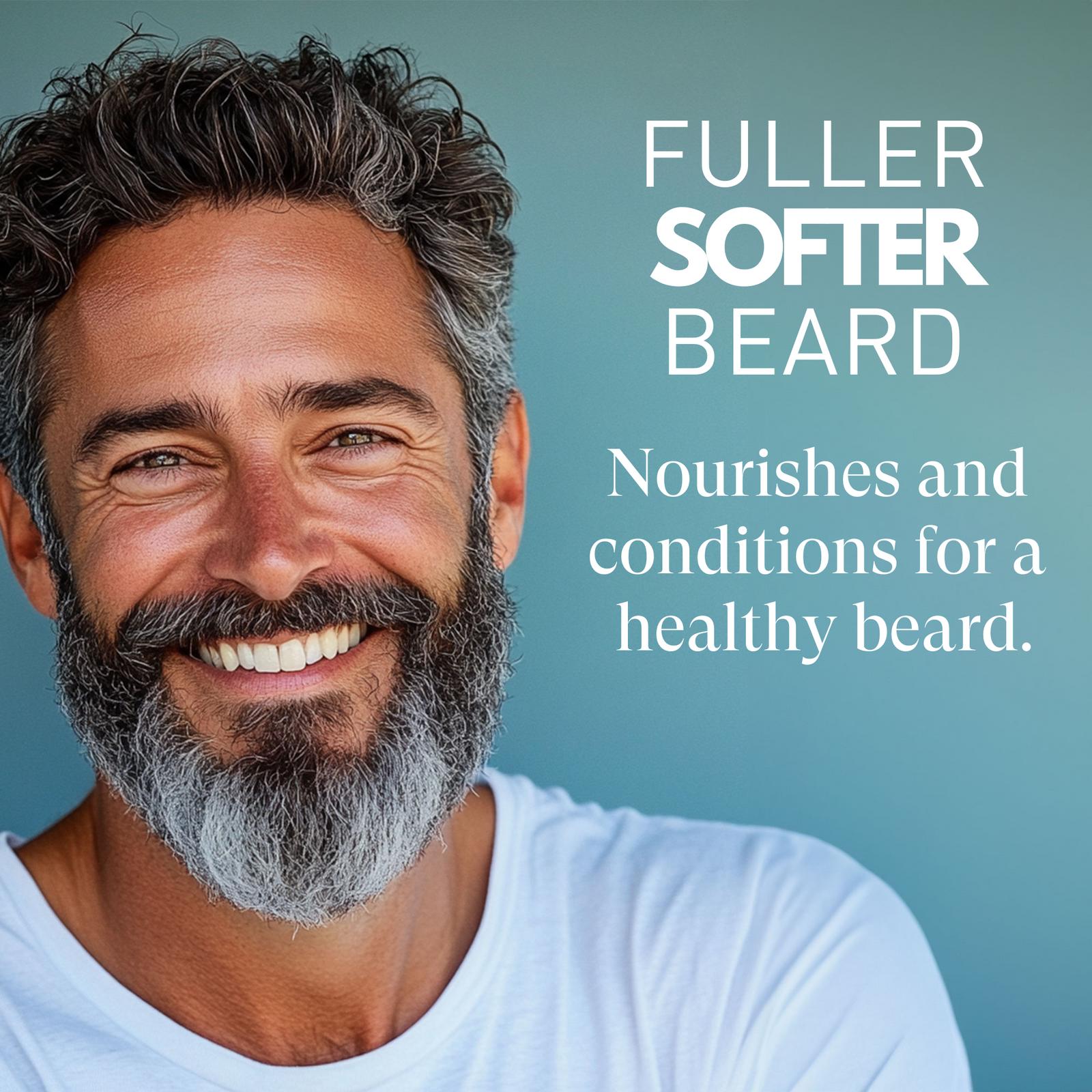 Man with a full, gray beard smiling against a blue background with text about beard care.
