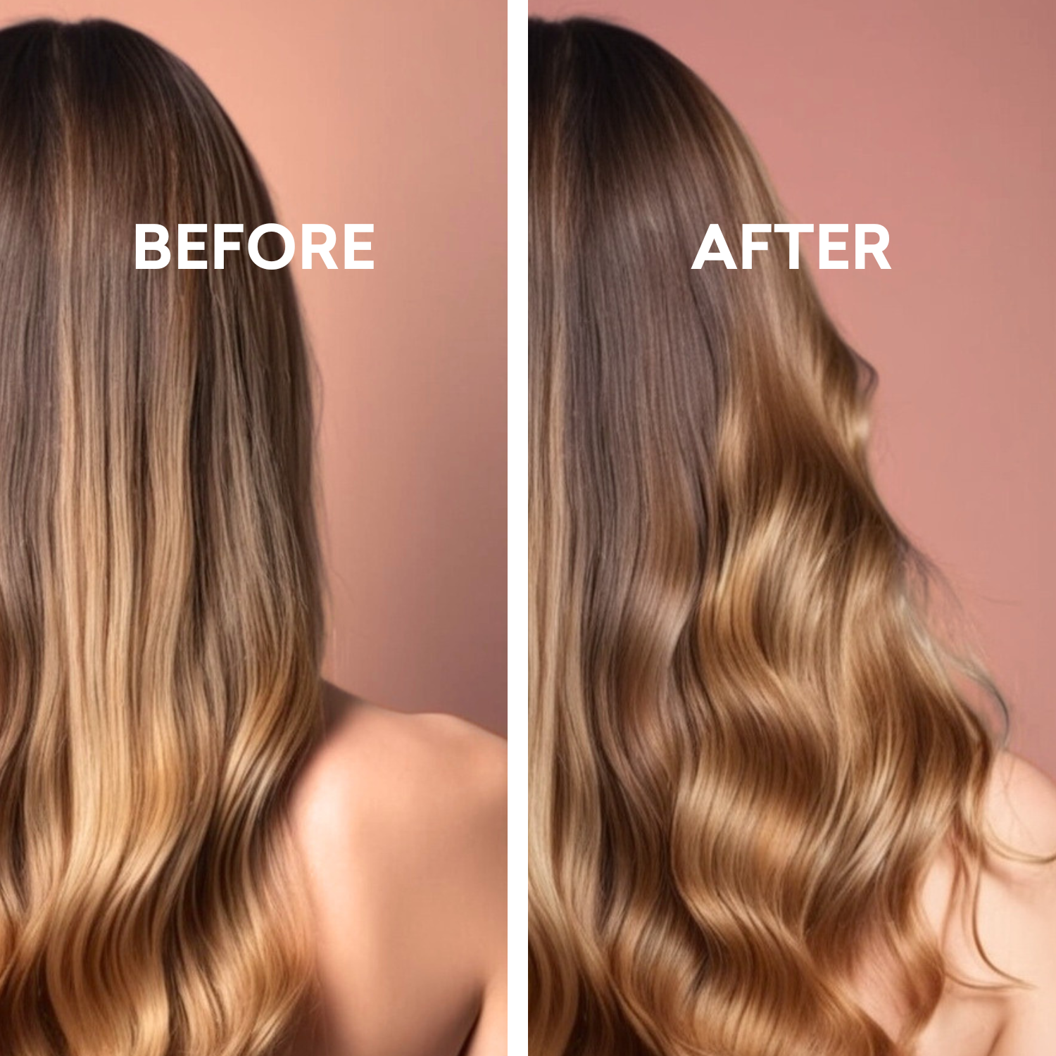 Before and after comparison of wavy hair on a pink background