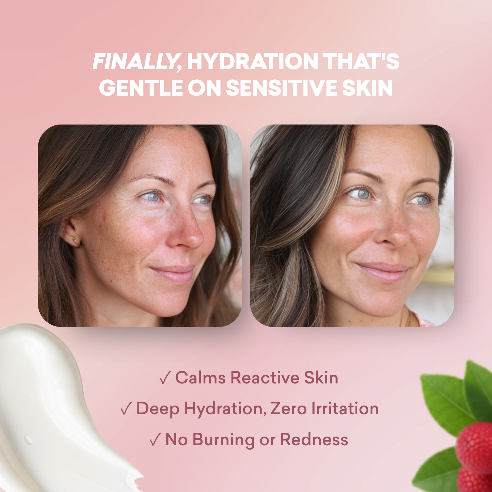 Before and after comparison of a woman's face with text about skincare product benefits on a pink background.