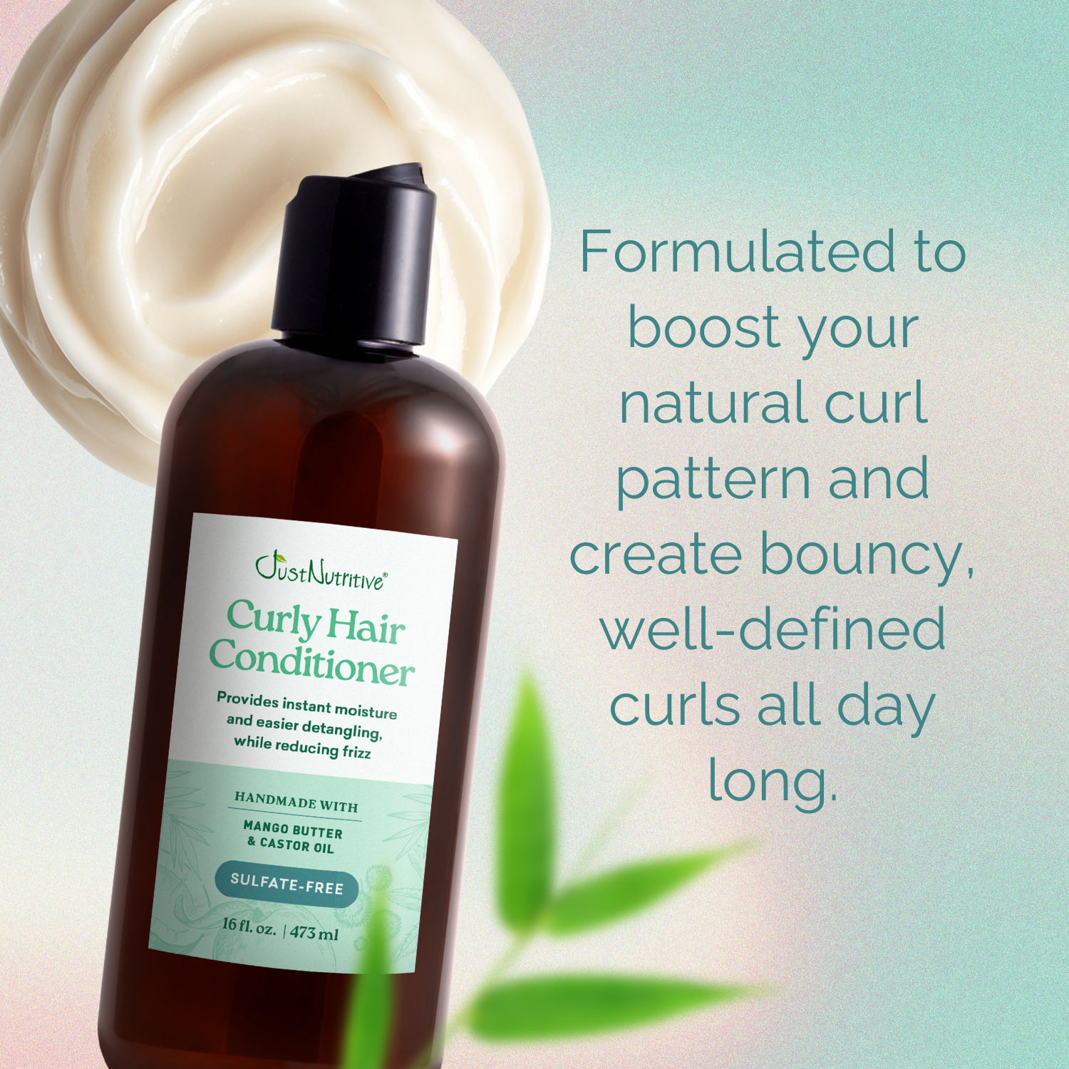 Brown bottle of Curly Hair Conditioner with text on a gradient background