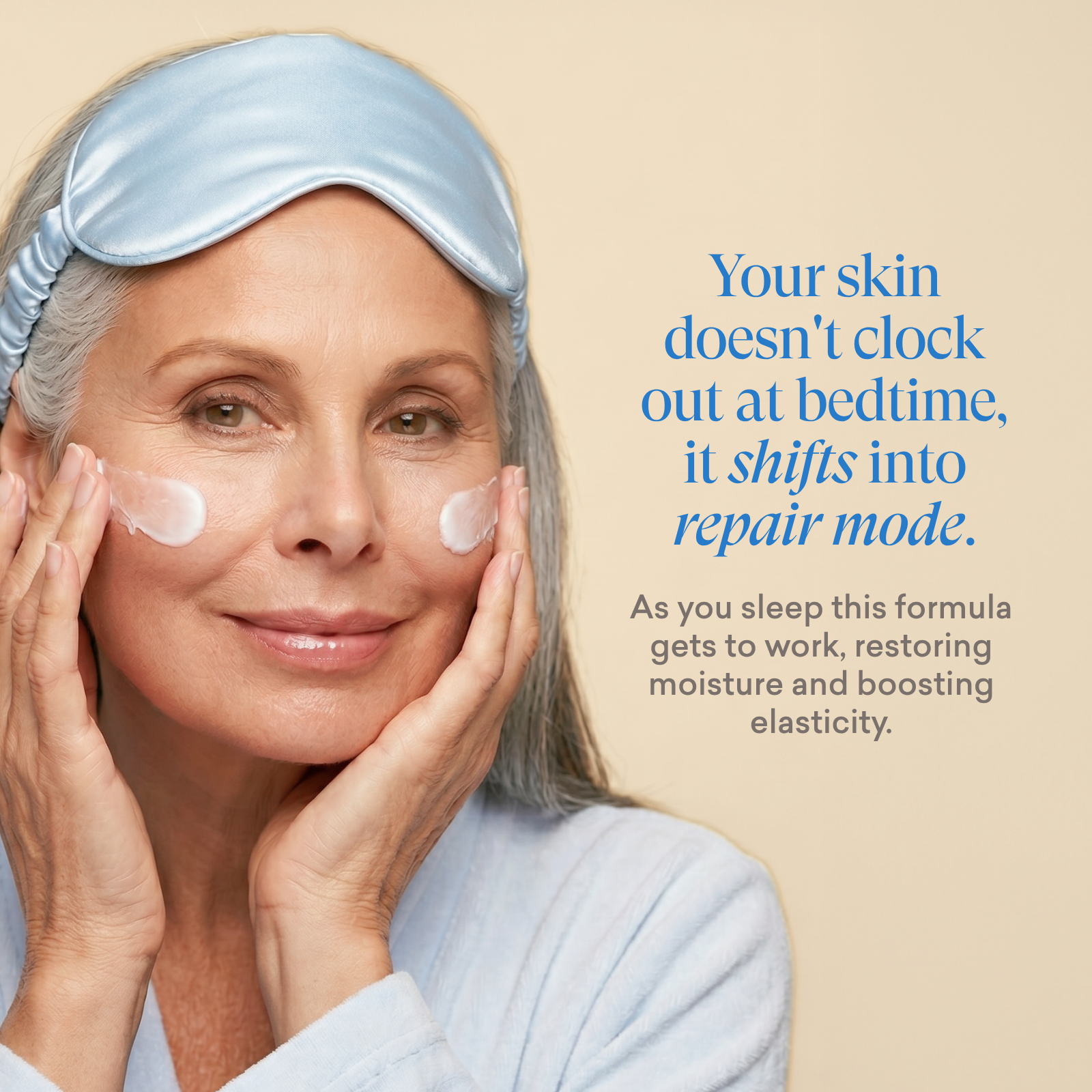a woman applying justnutritive night cream, text about skin shifting into repair mode at night