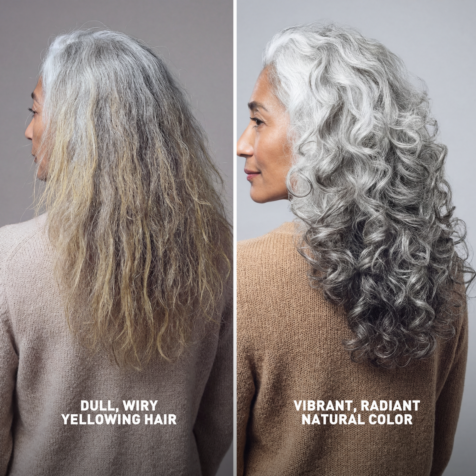 Comparison of dull, wiry yellowing hair and vibrant, radiant natural color hair on a person.
