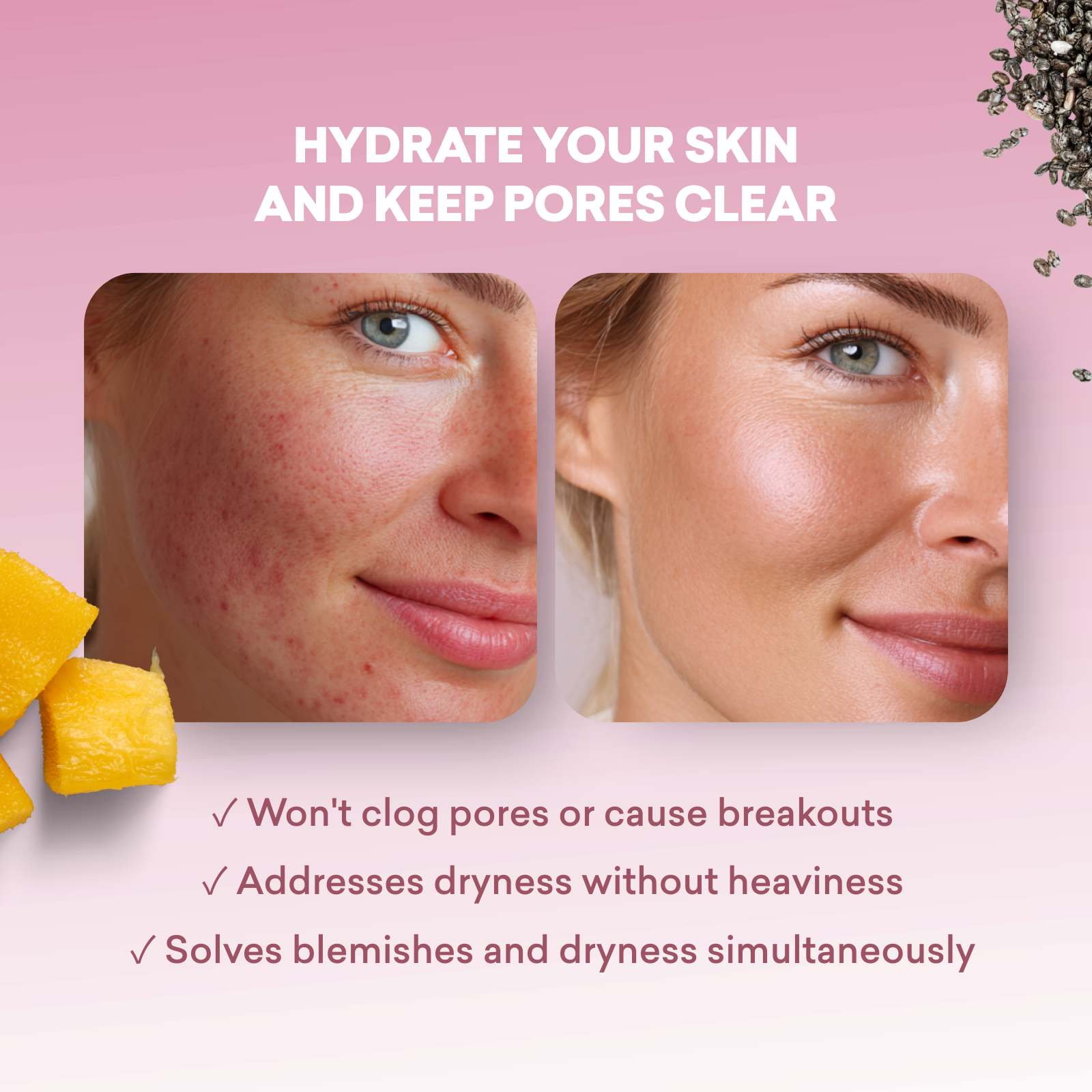 Before and after comparison of a woman's face with text about skin care on a pink background.