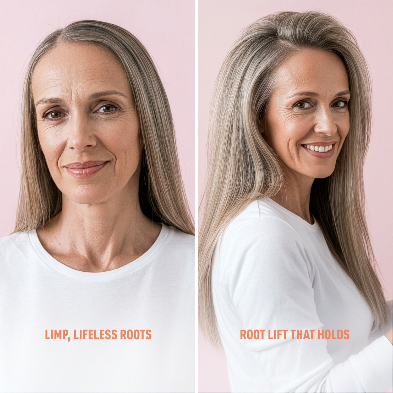 Before and after comparison of a woman's hair with text indicating 'Limp, Lifeless Roots' and 'Root Lift That Holds'.