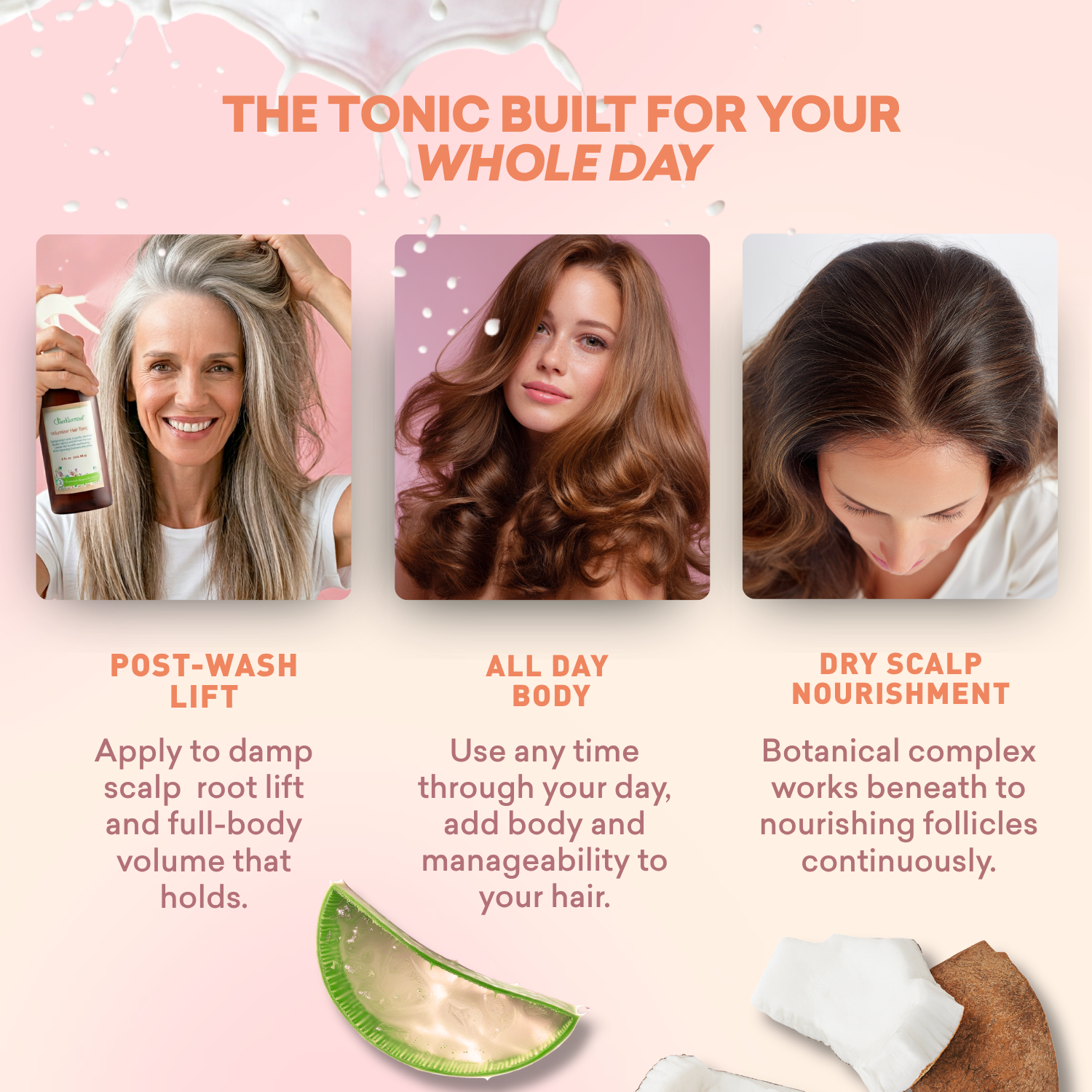 Promotional graphic for a hair care product with text and images of women using the product.