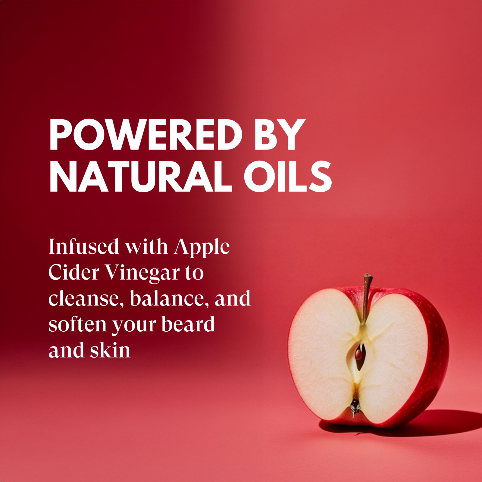 Half-cut apple on a red background with text about natural oils and apple cider vinegar.