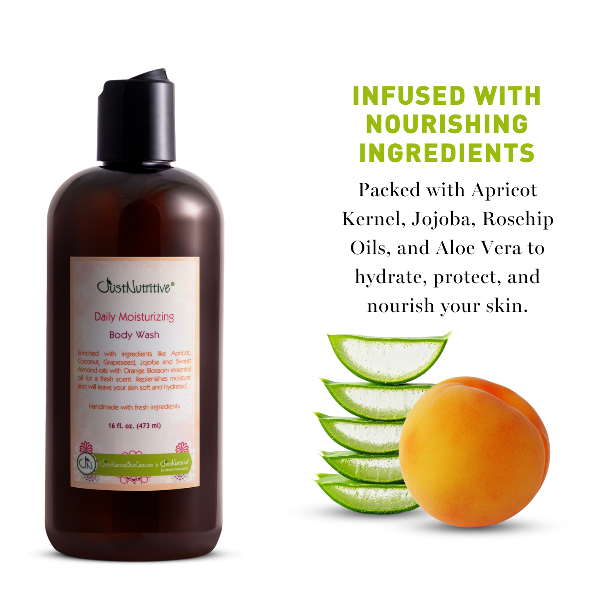 Body wash bottle with ingredients listed on a white background