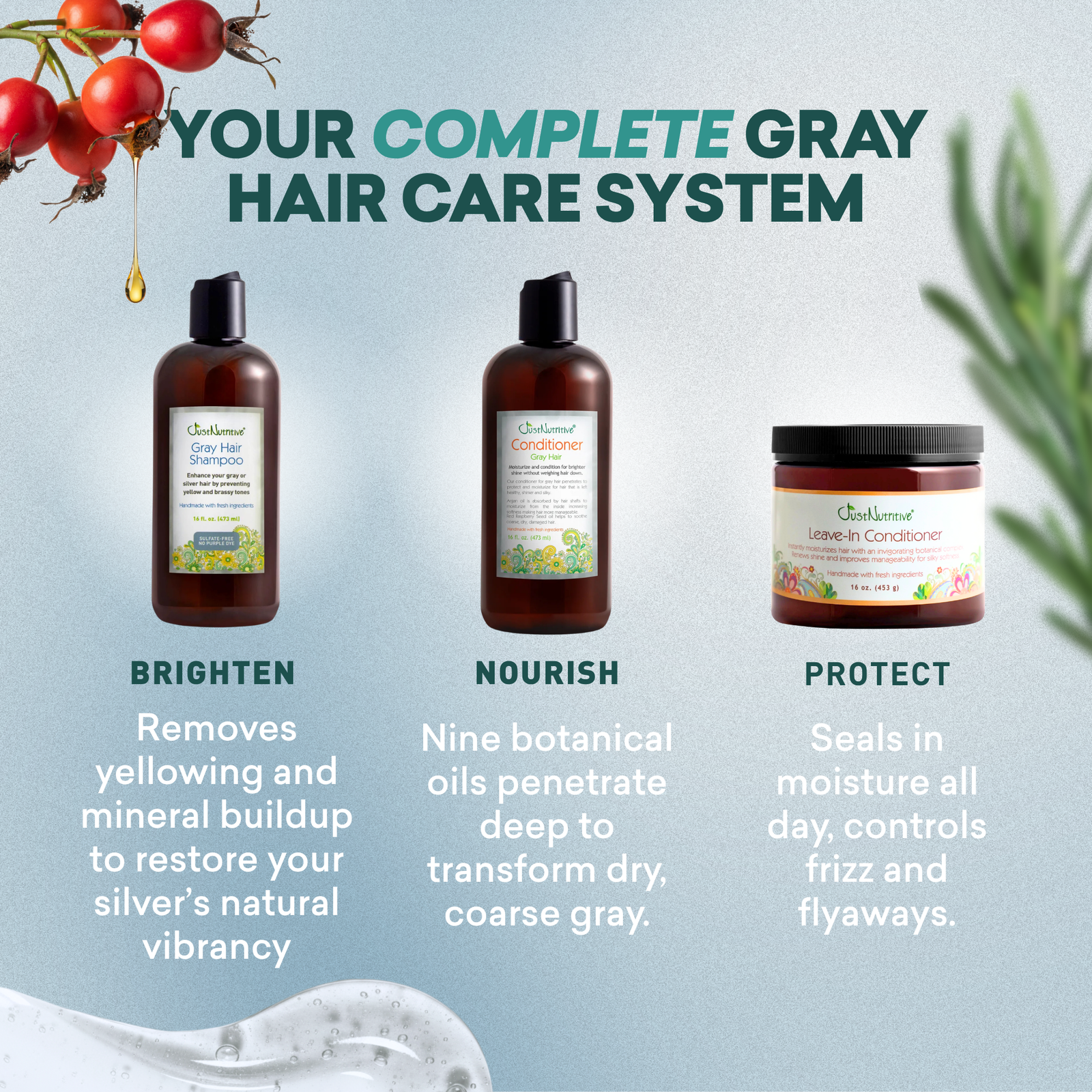 Gray hair care product set with shampoo, conditioner, and leave-in conditioner on a light blue background.