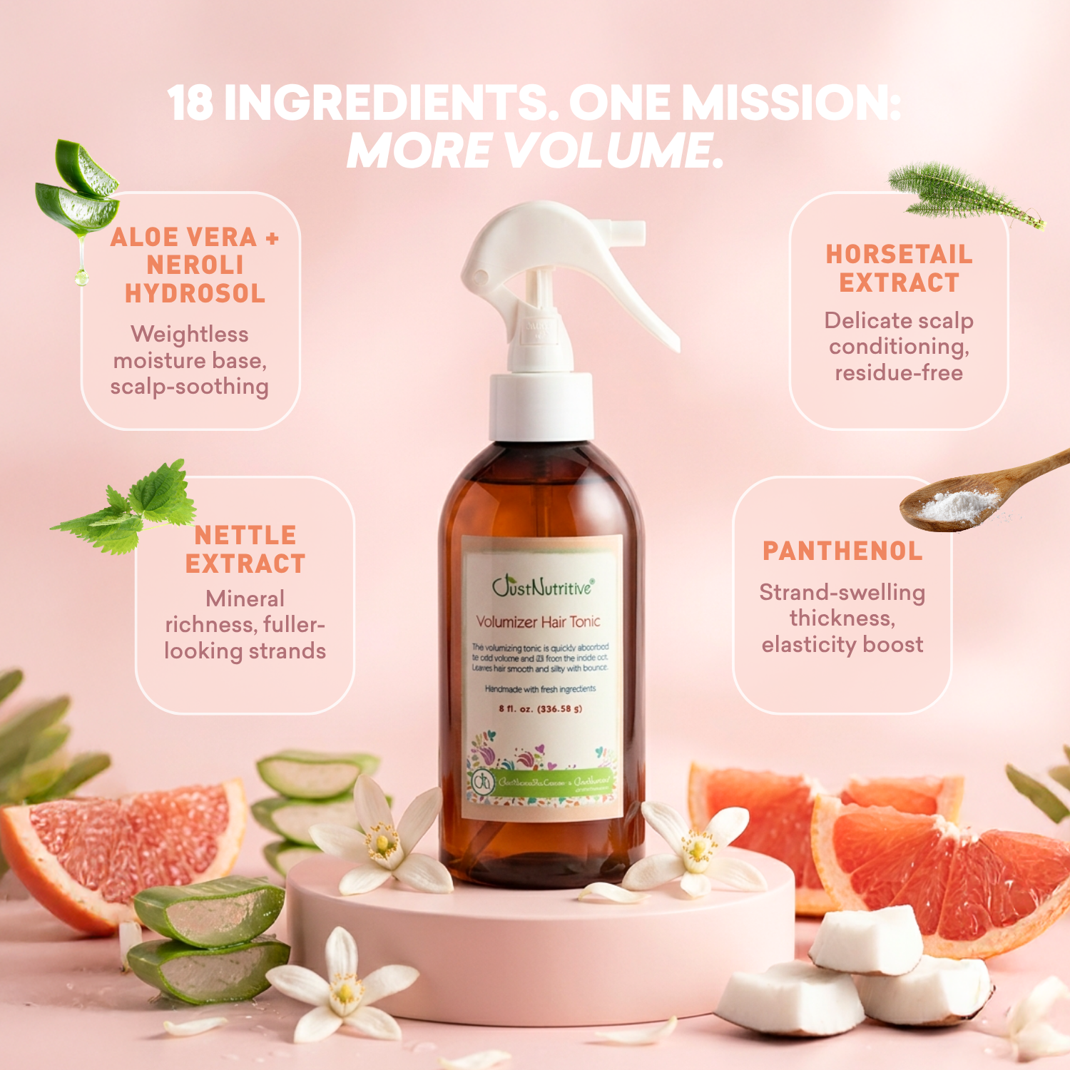 Hair toner bottle with ingredients listed on a pink background