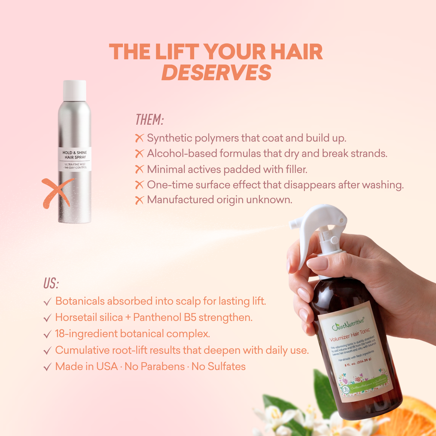 Product advertisement with hair care bottles and text on a pink background