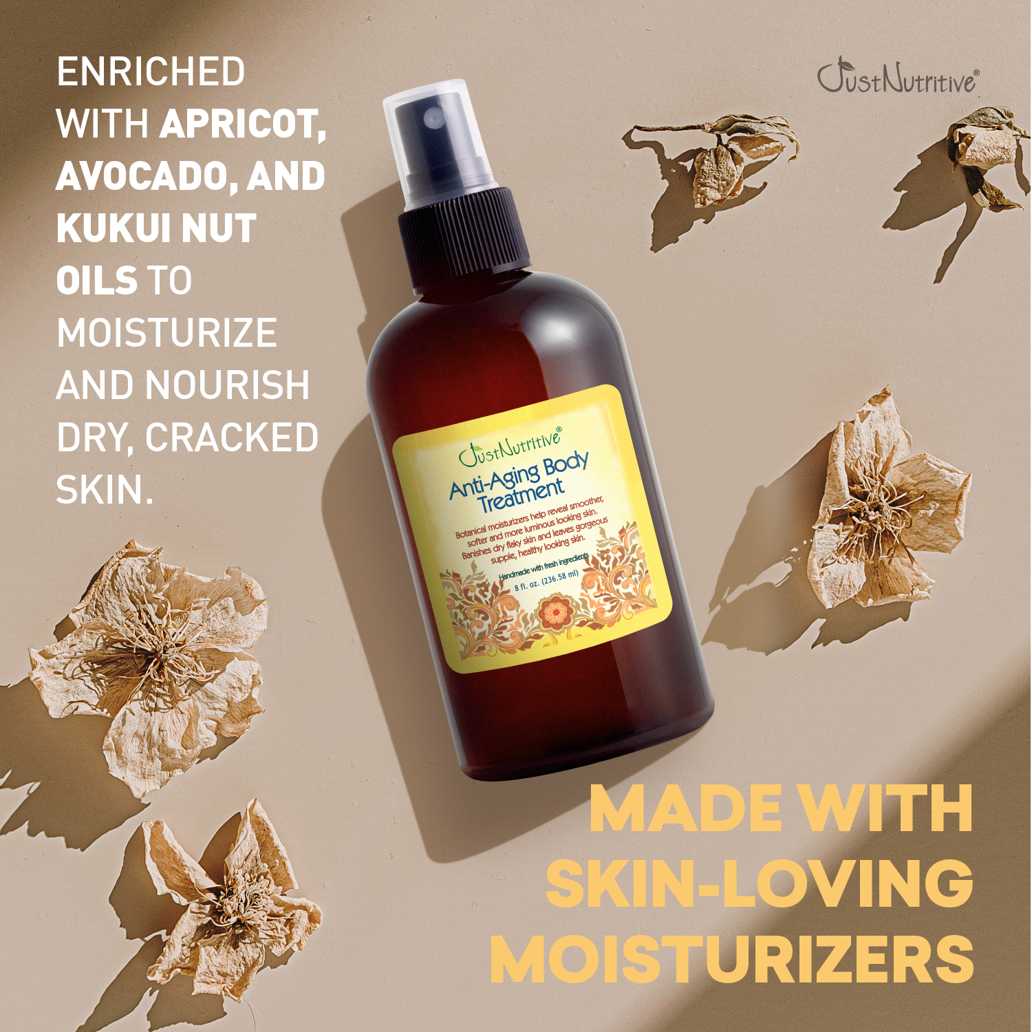 Bottle of anti-aging body treatment with dried flowers on a beige background