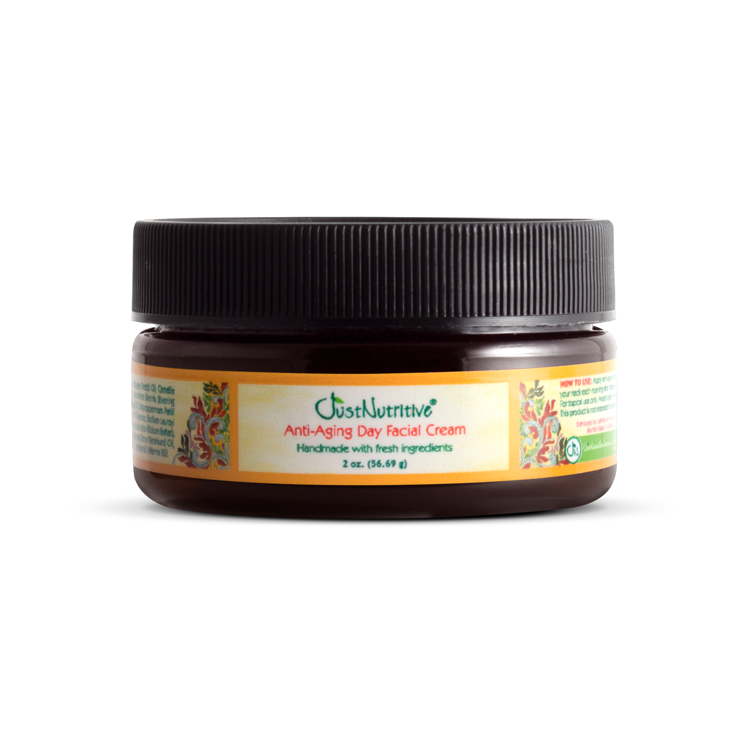 Jar of anti-aging day facial cream with a black lid on a white background