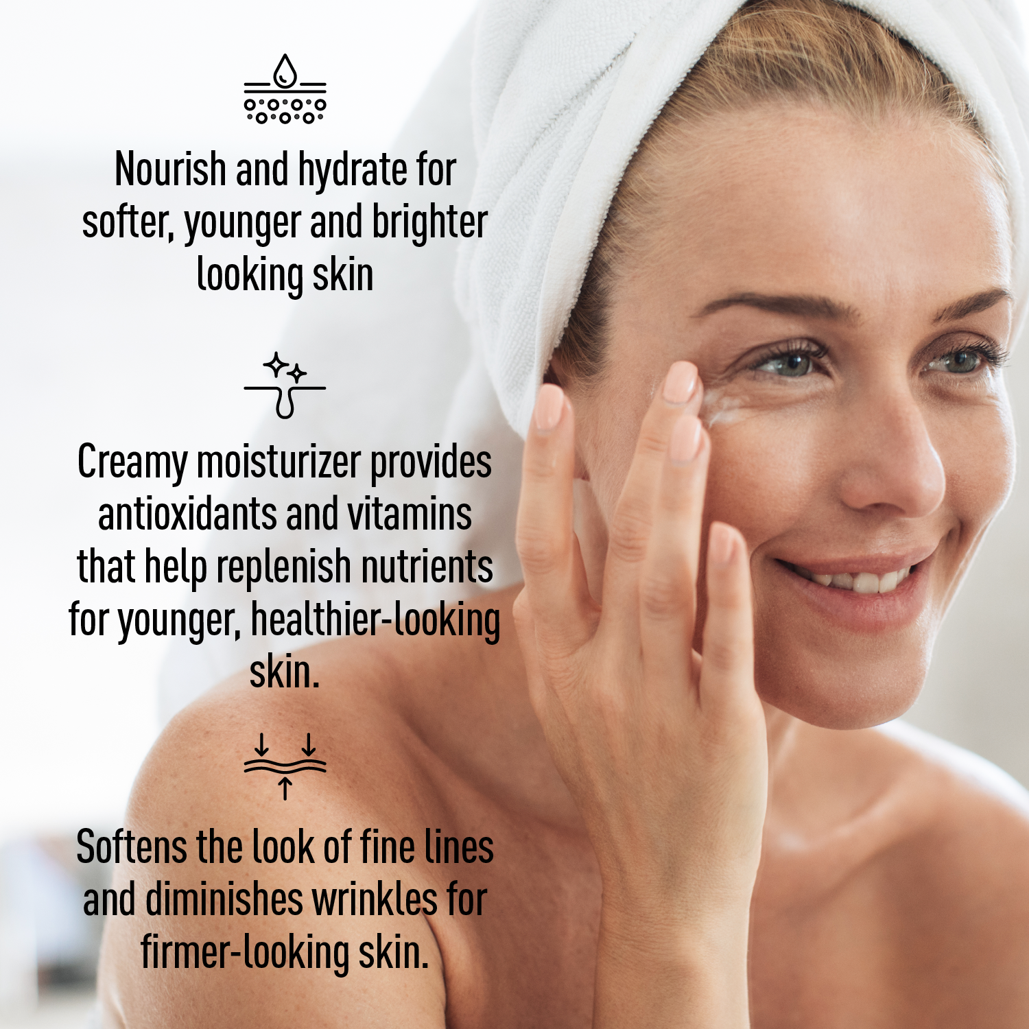 Woman applying cream to her face with text about skincare benefits