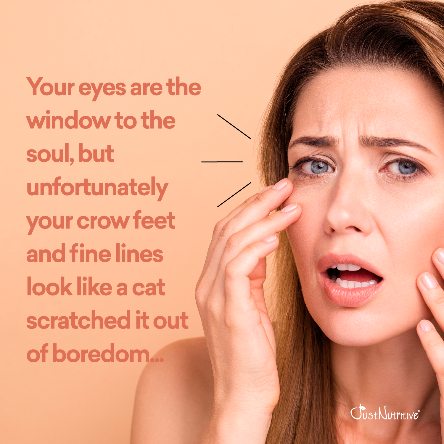 Woman touching her face with text about crow's feet and fine lines on a beige background