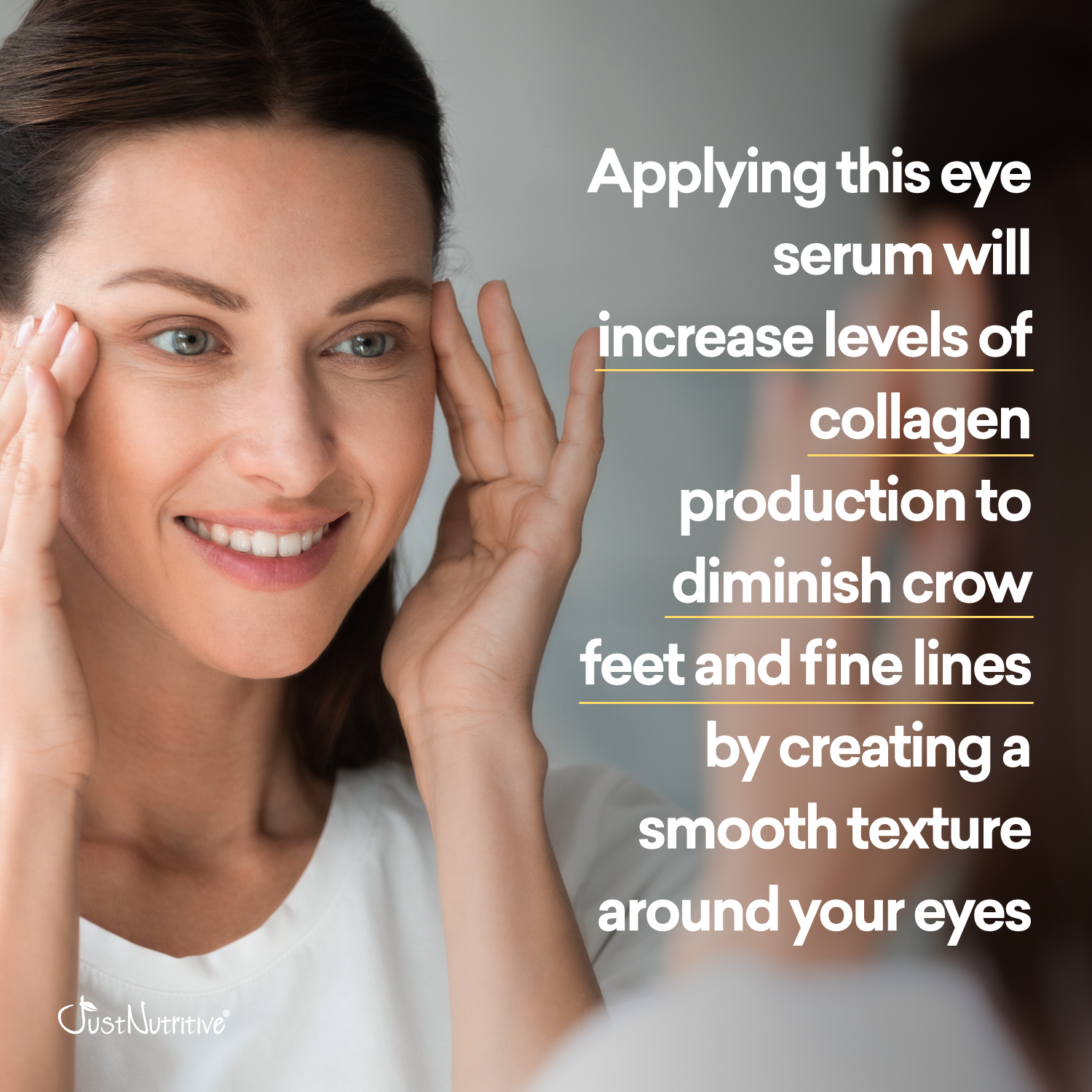Woman applying eye serum with text about collagen production and skin texture