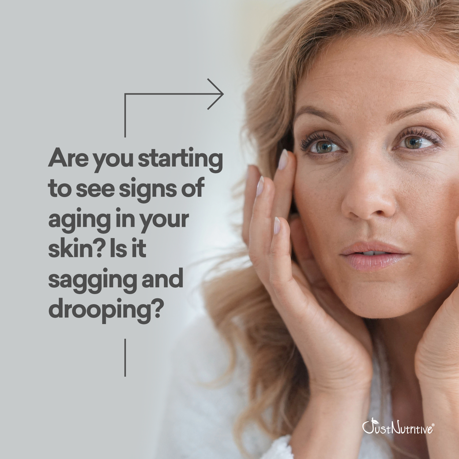 Woman touching her face with text about skin aging and signs of sagging.