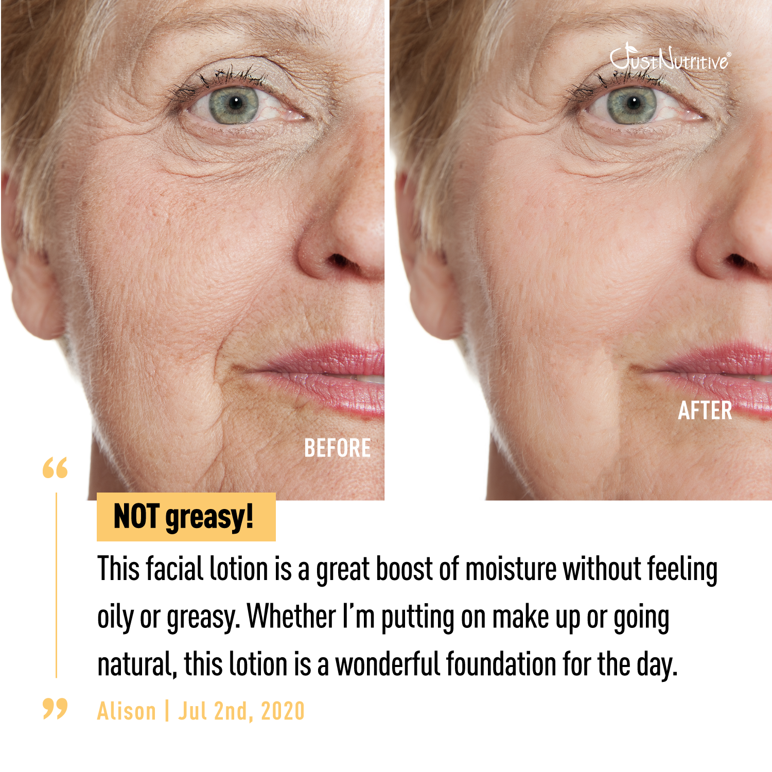 Before and after comparison of a woman's face with text about facial lotion.