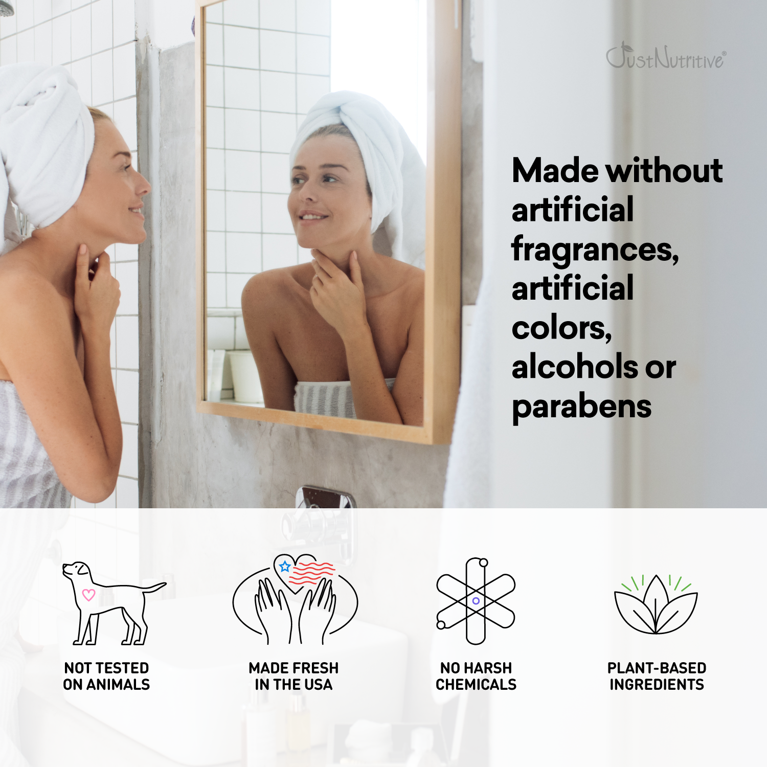 Woman applying cream to her face with a mirror reflection, featuring product safety and ingredient information.