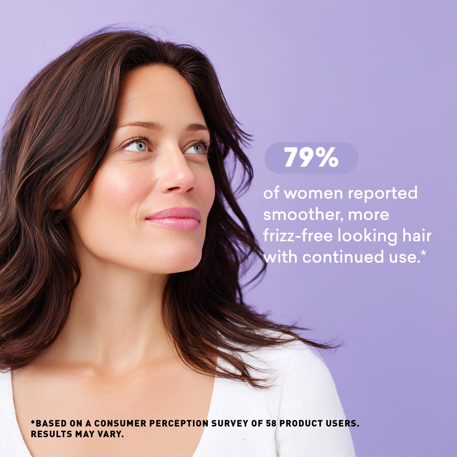 Woman with smooth hair against a purple background with text about hair product effectiveness.