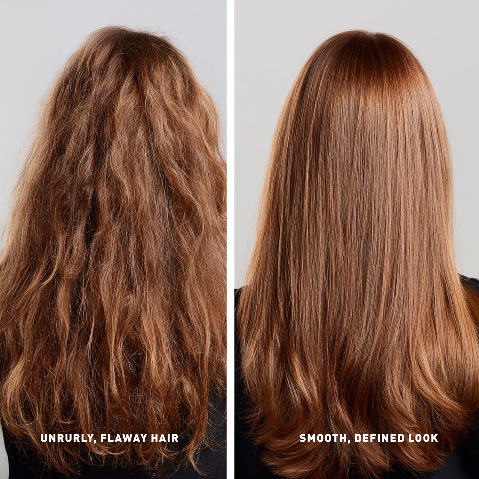 Before and after comparison of hair texture with 'Unruly, Flaky Hair' on the left and 'Smooth, Defined Look' on the right.