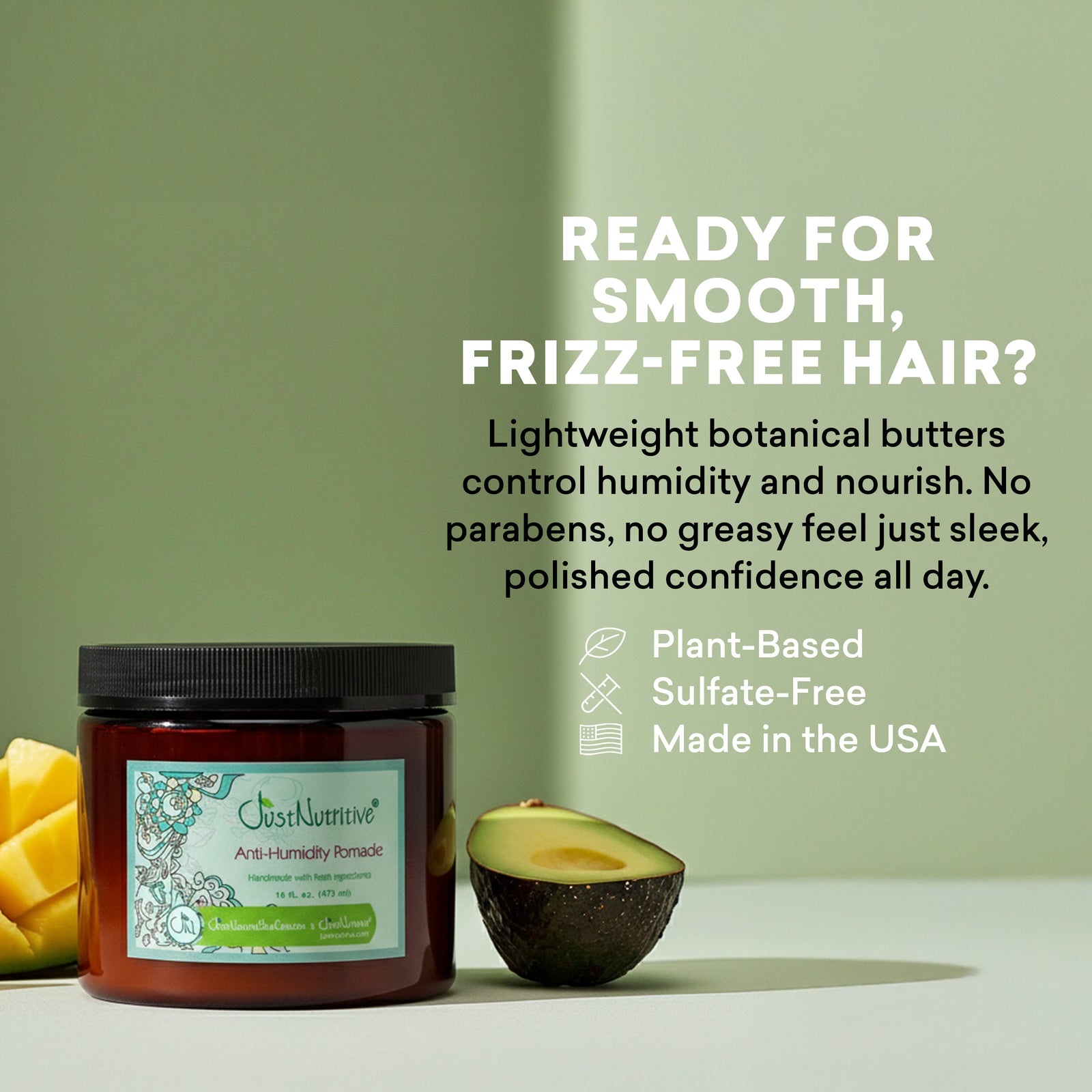 Jar of hair product with avocado and mango on a light green background