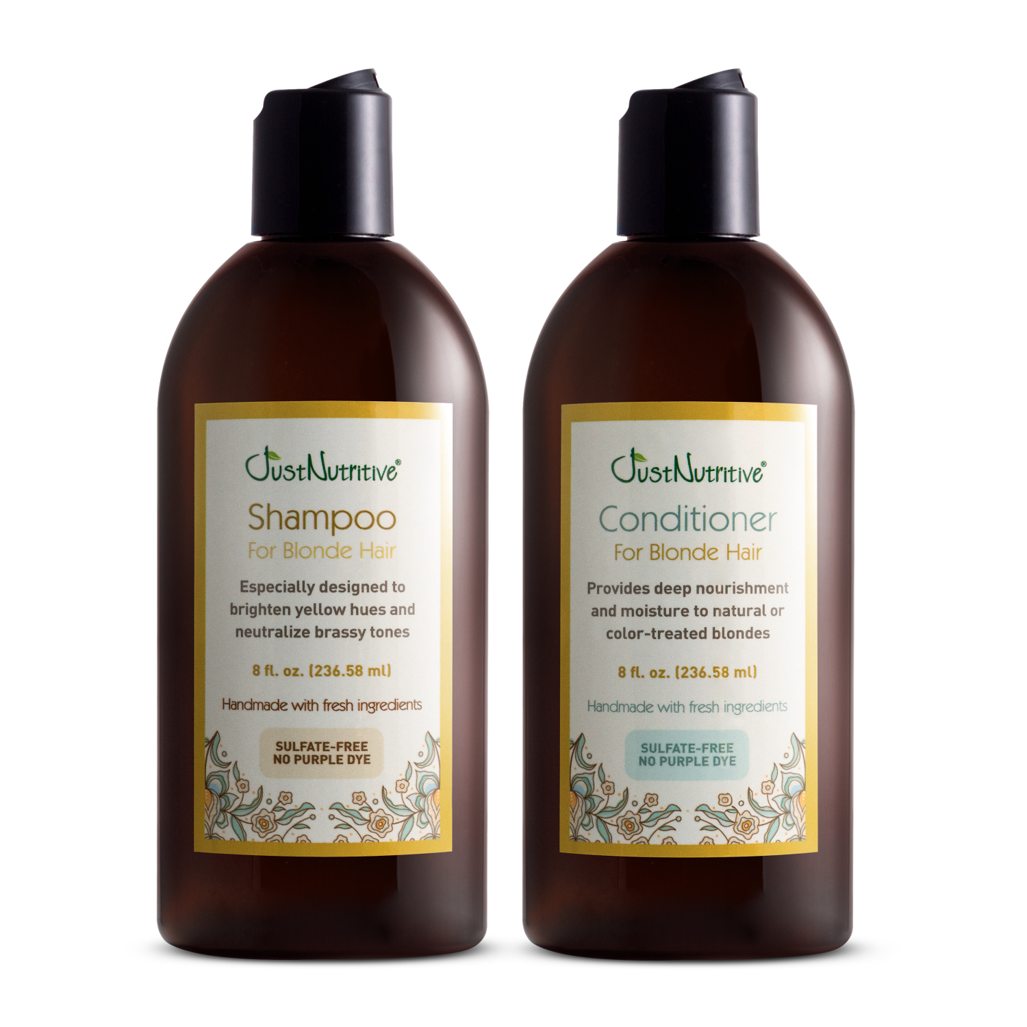 Two bottles of Just Nutrive shampoo and conditioner for blonde hair on a white background