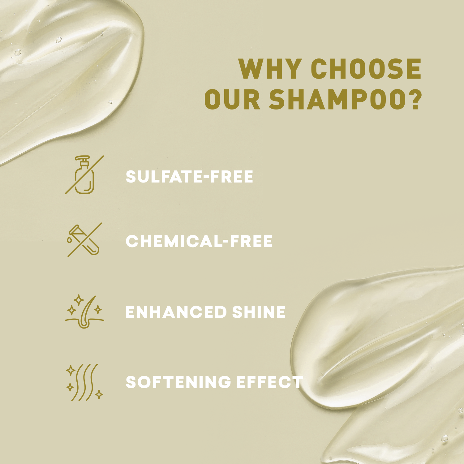 Promotional graphic for a shampoo product with text and icons on a beige background.