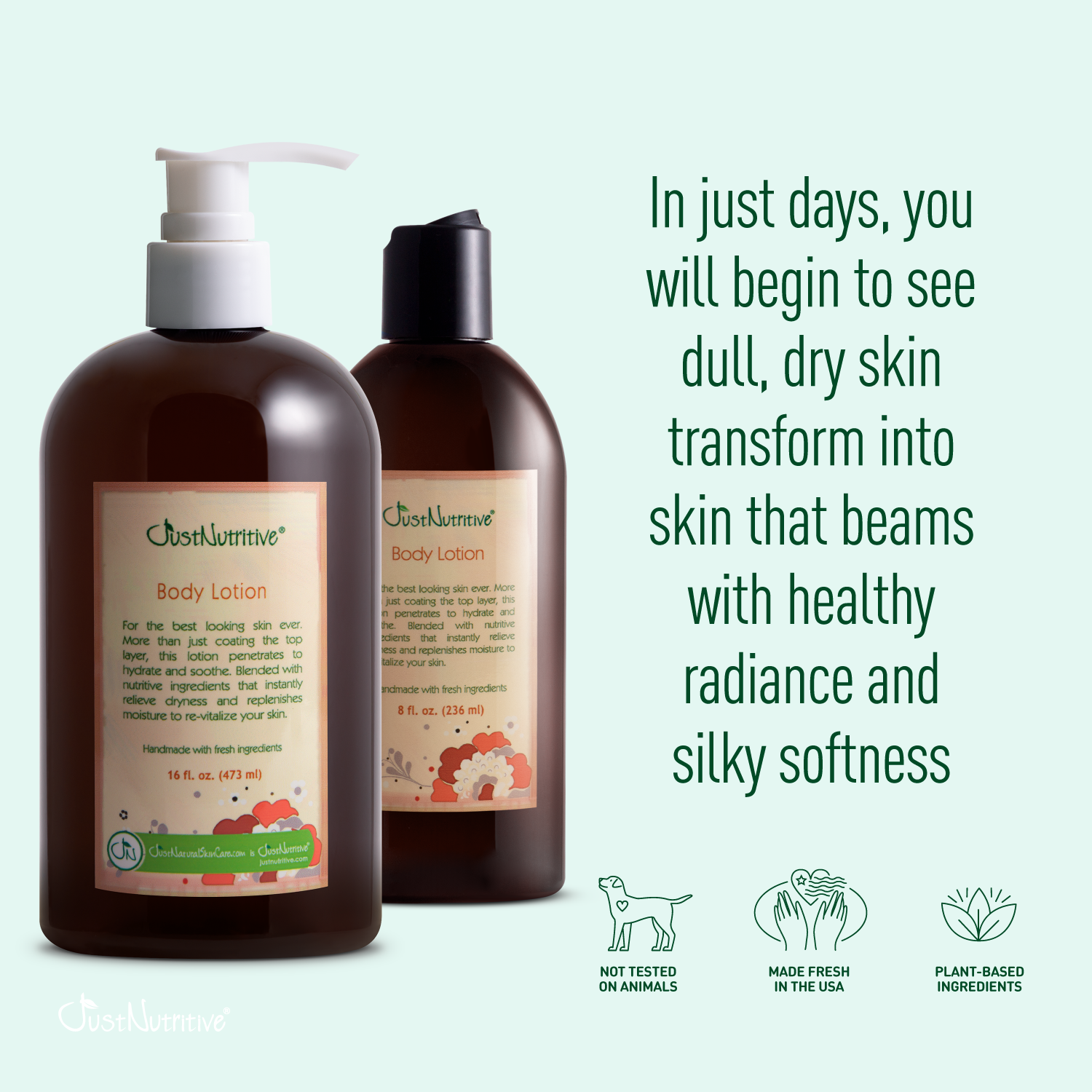 Two bottles of Ghost Nurtive Body Lotion with text on a light green background