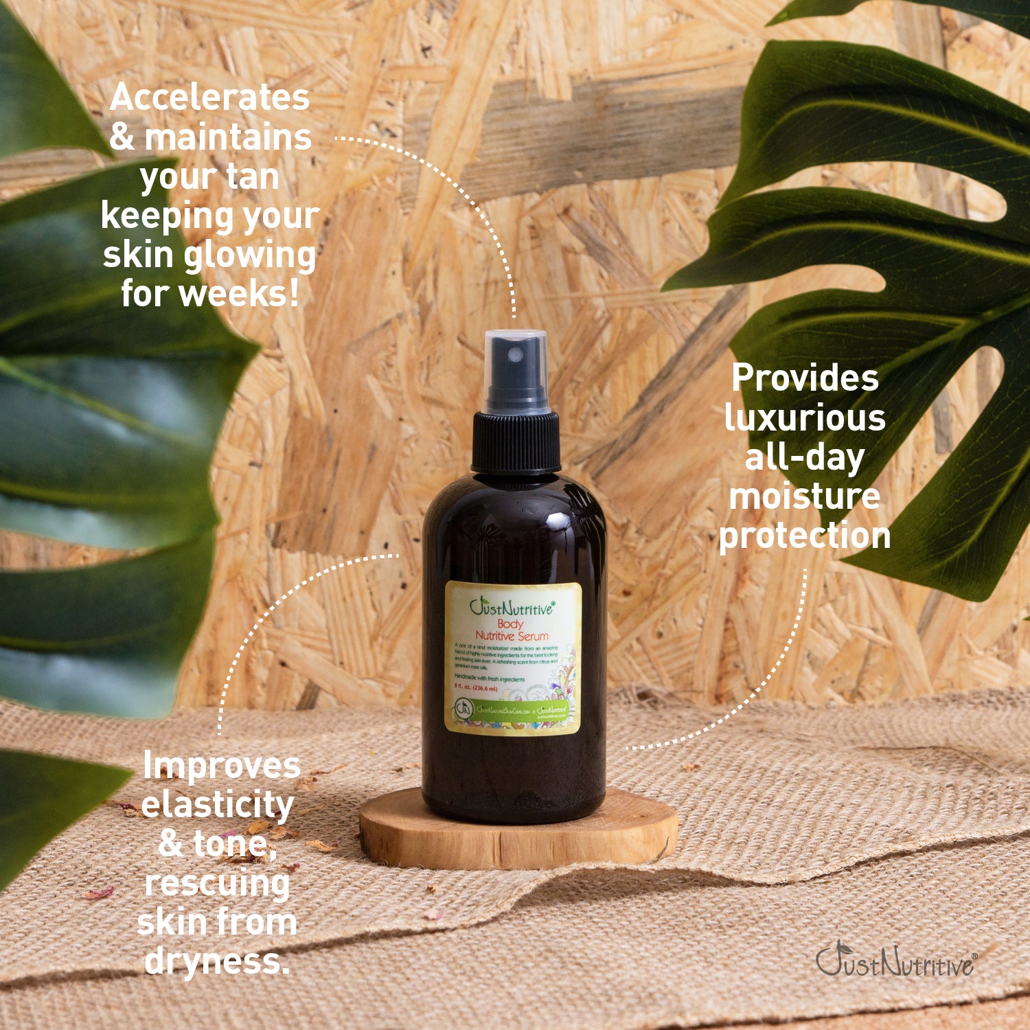 Bottle of skin care product on a wooden surface with text highlighting benefits