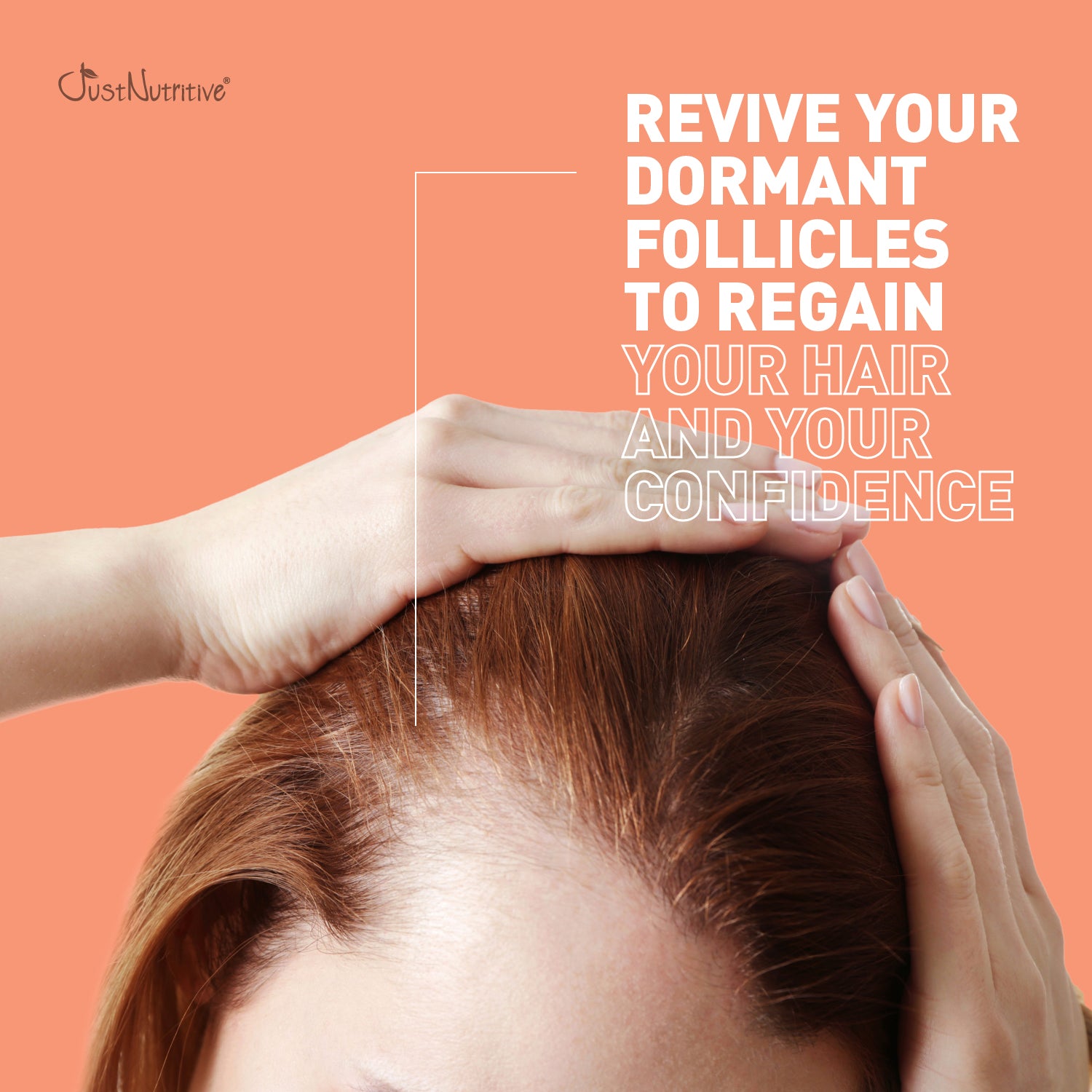 Person touching hair with text on a peach background, promoting hair care product.