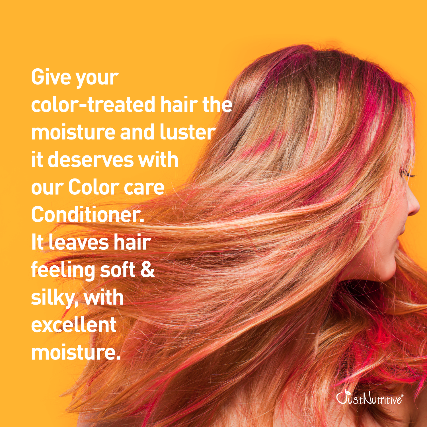 Person with colorful hair against a yellow background with text about Color care Conditioner.