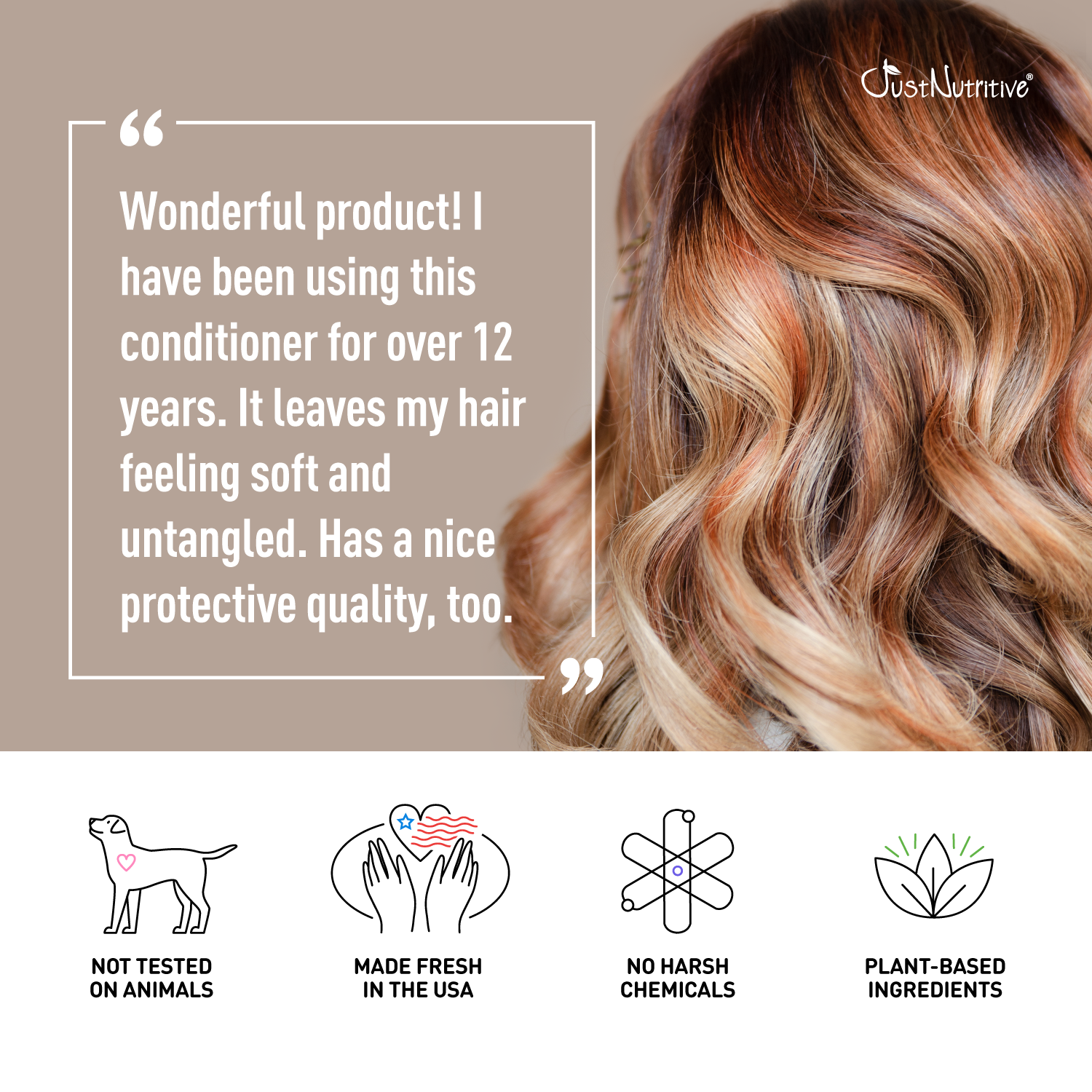 Product advertisement for a hair conditioner with customer testimonial, brand logo, and certification icons on a beige background.