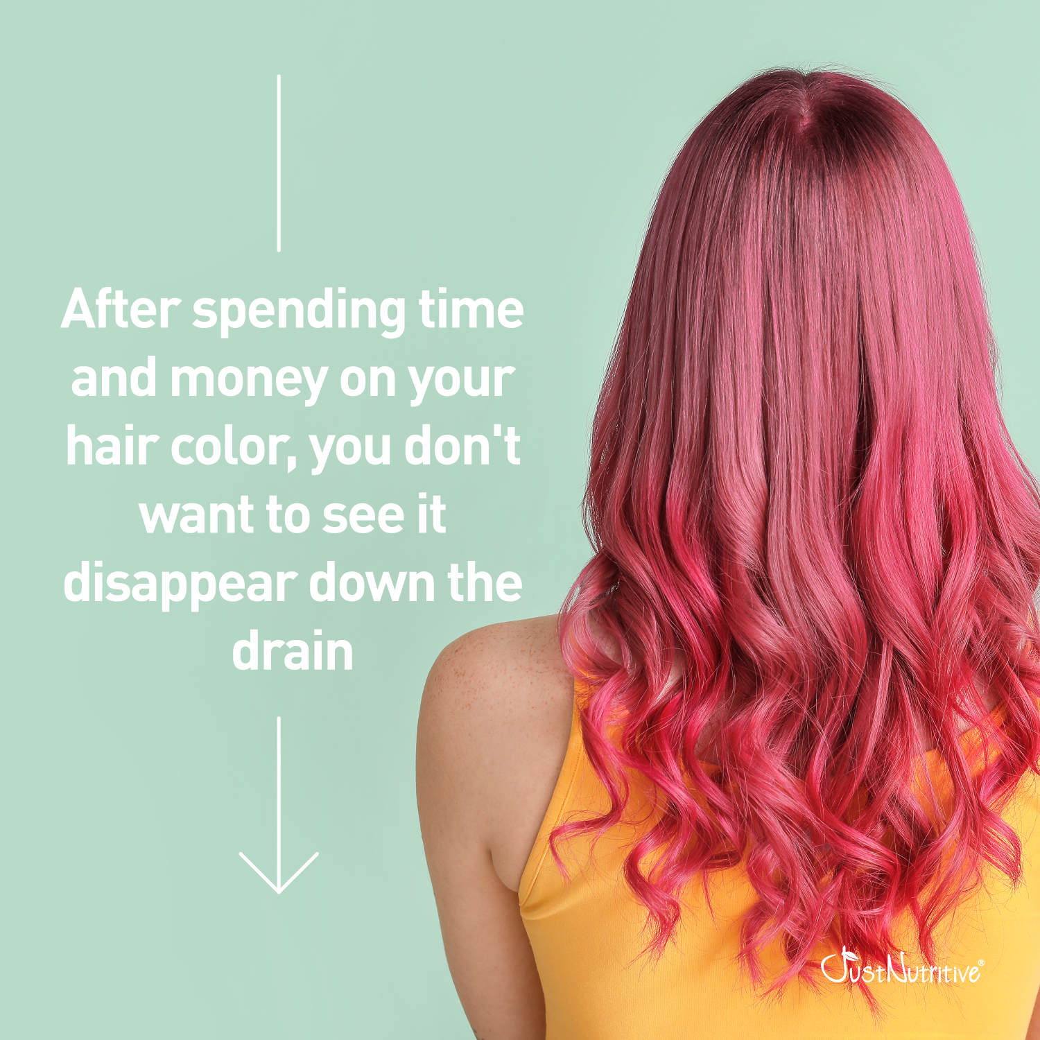 Person with pink hair against a light green background with text about hair color care.