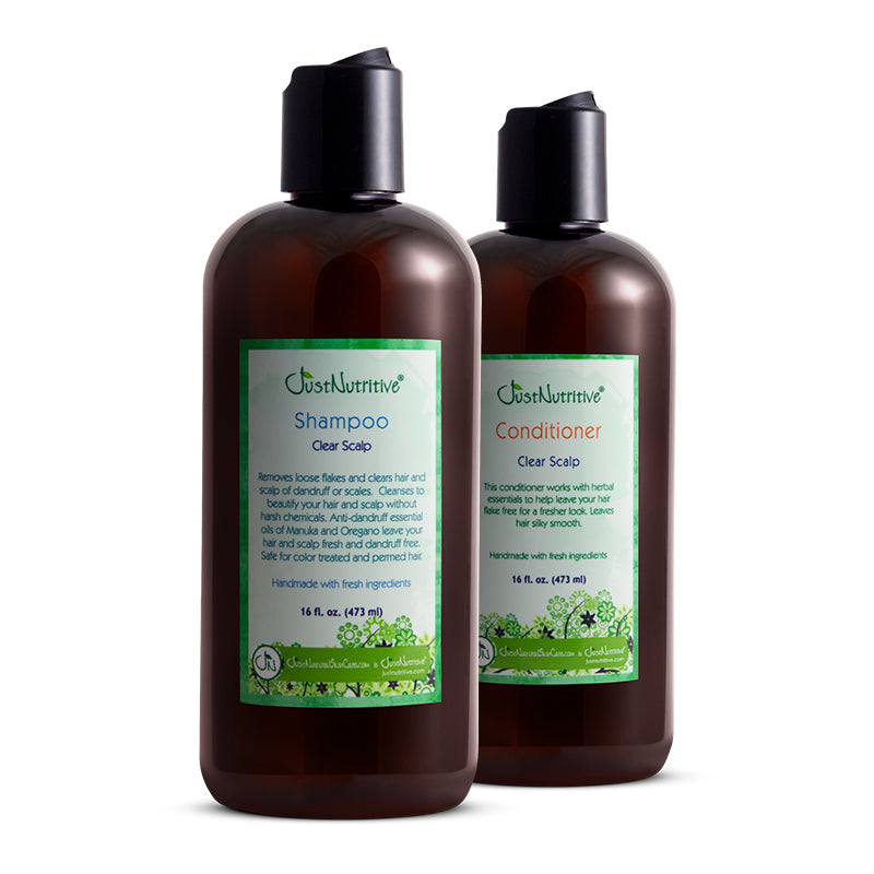 Just Nutritive Clear Scalp Shampoo and Clear Scalp Conditioner bottles