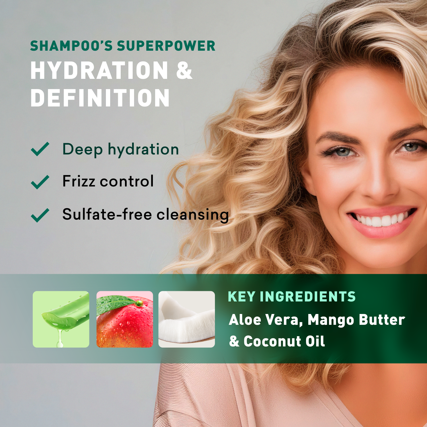 Advertisement for a shampoo product with a woman's face and key ingredients listed.