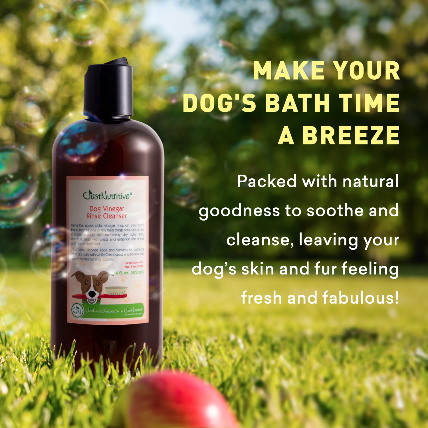 Dog shampoo bottle with text about making dog bath time a breeze on a grassy background