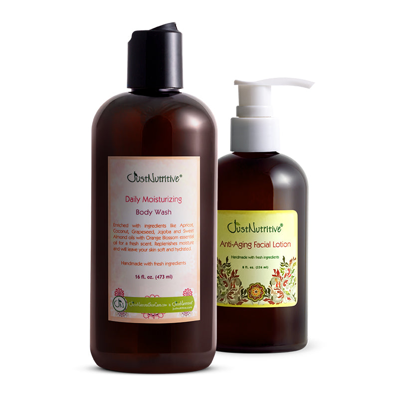 Just Nutritive Daily Moisturizing Body Wash and Anti-Aging Facial Lotion pump bottle